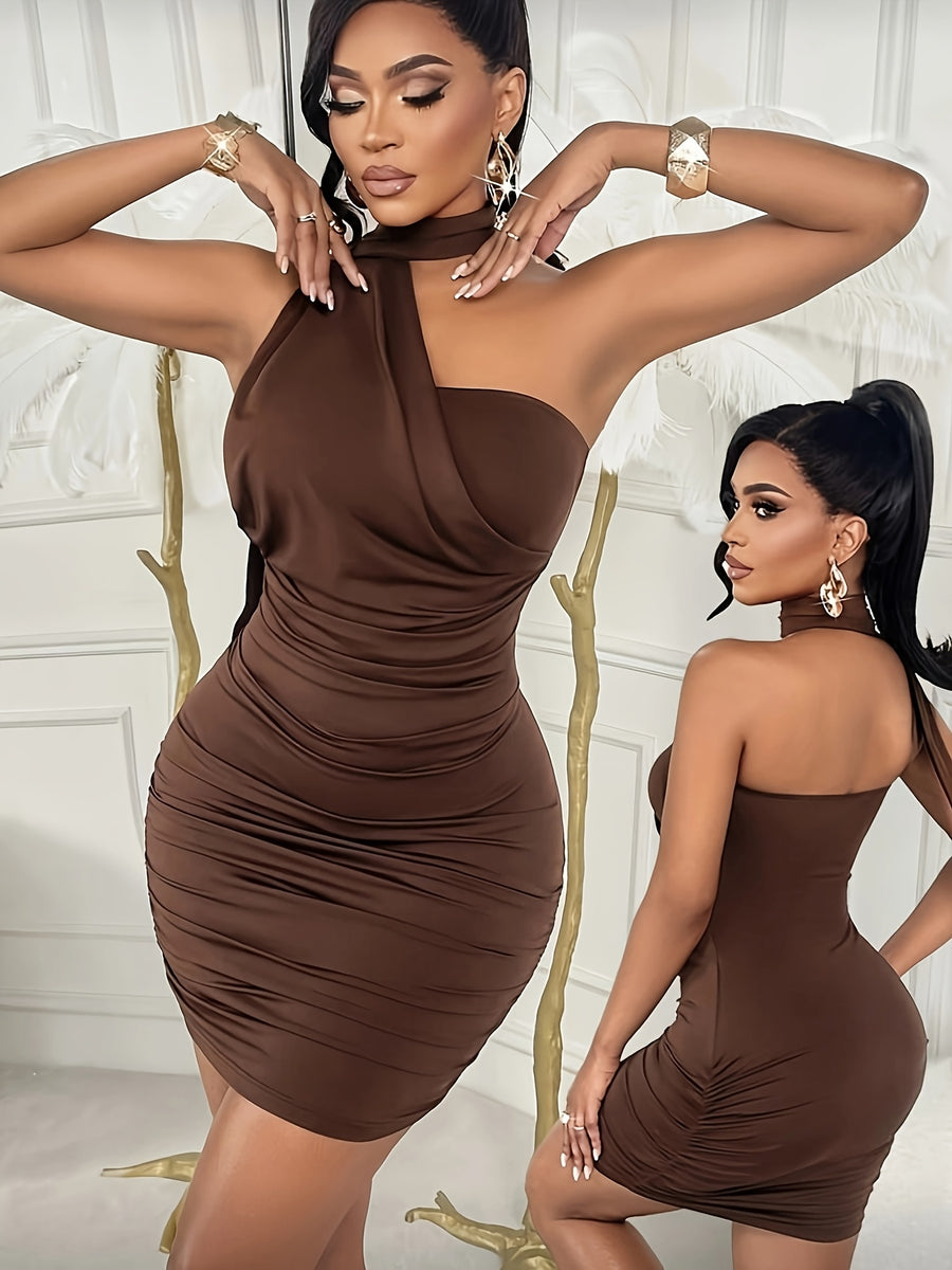 New Women'S Mocha Sleeveless Dress – Asymmetrical Sequin Sleeve Design, Suitable for Commuting, Work, Vacation, Beach, Hawaii, Music Festivals, Parties, And More - 【Brown】