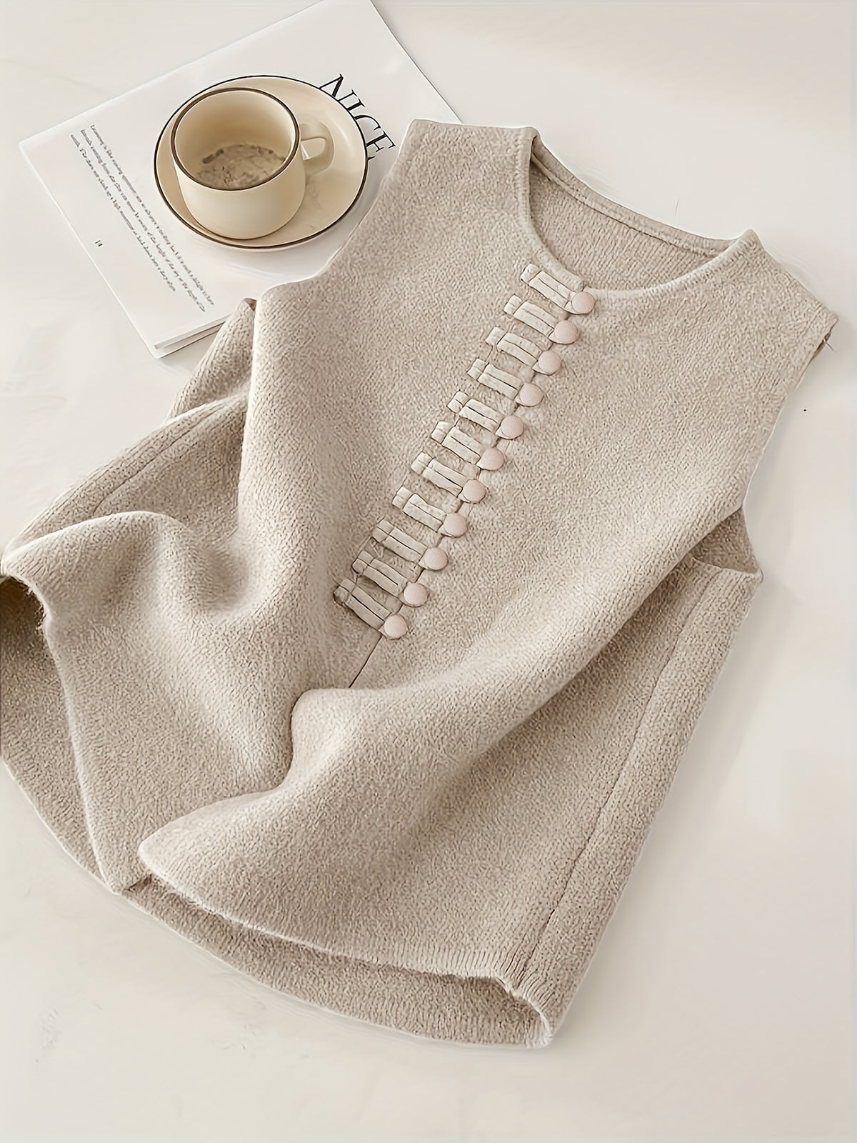 2026 New Women's Spring/Autumn New Chinese-Style Vintage Elegant Casual Solid Color Soft Sweater Vest Outerwear Jacket - Off-white