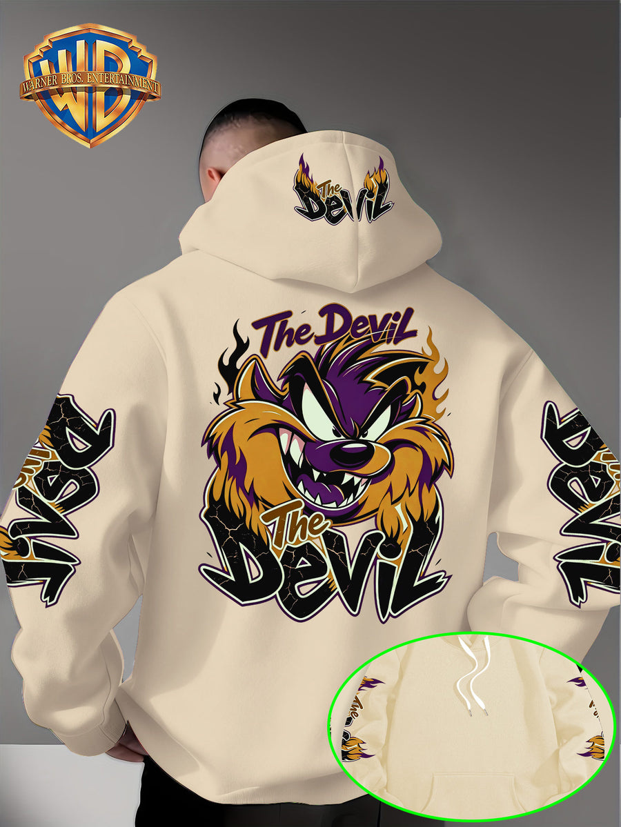 Le Yitong Big Mouth Monster The Devil Flame Print Hooded Sweatshirt, with Sleeve Print Design, Kangaroo Pouch And Drawstring Hood, Suitable for Autumn/Winter Casual Wear And Outdoor Activities - Apricot