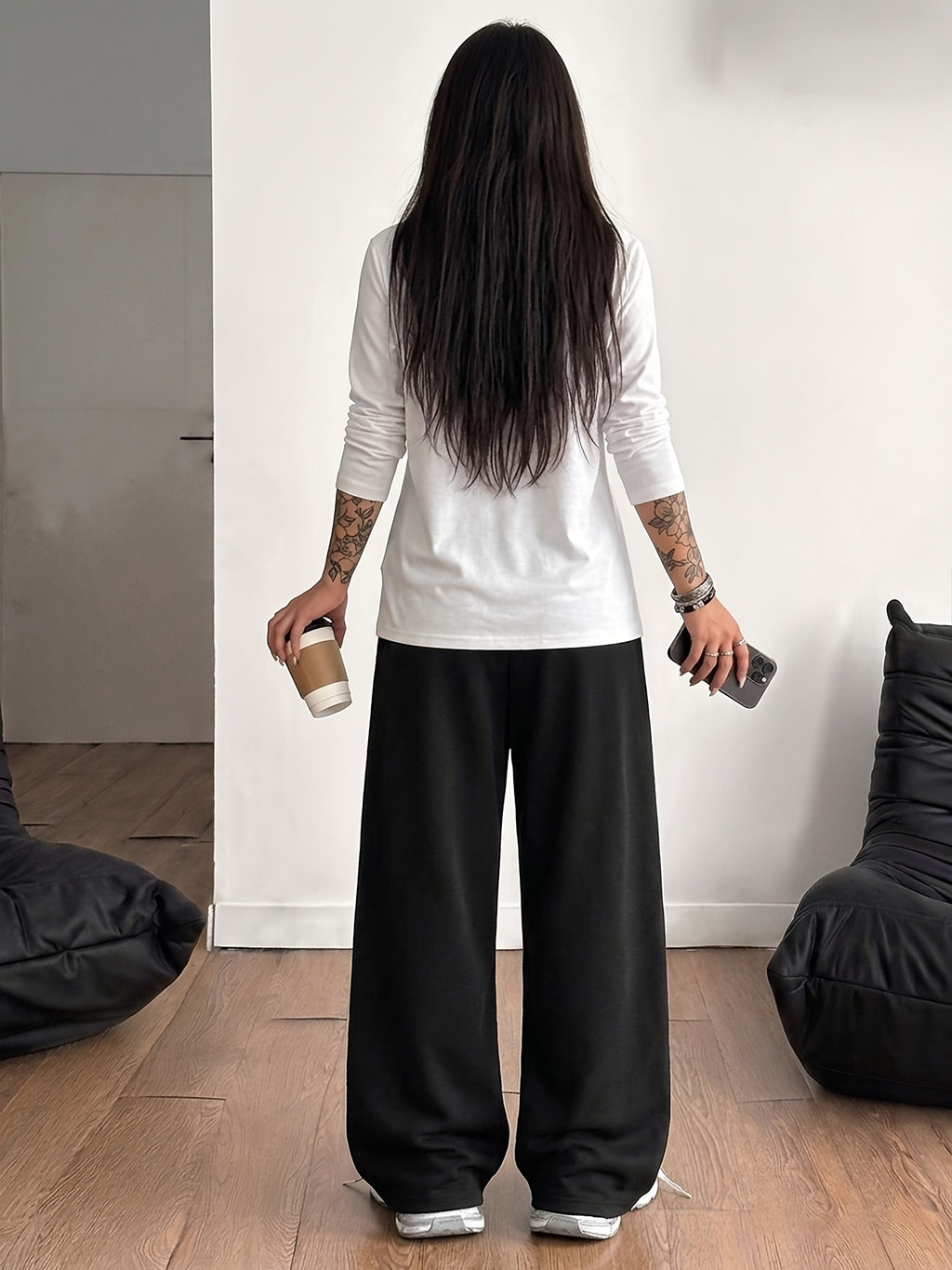 Women's 2pcs Set: Round Neck Loose-Fit Versatile Casual Sport Long Sleeve Top + Casual Sport Long Pants - White+black