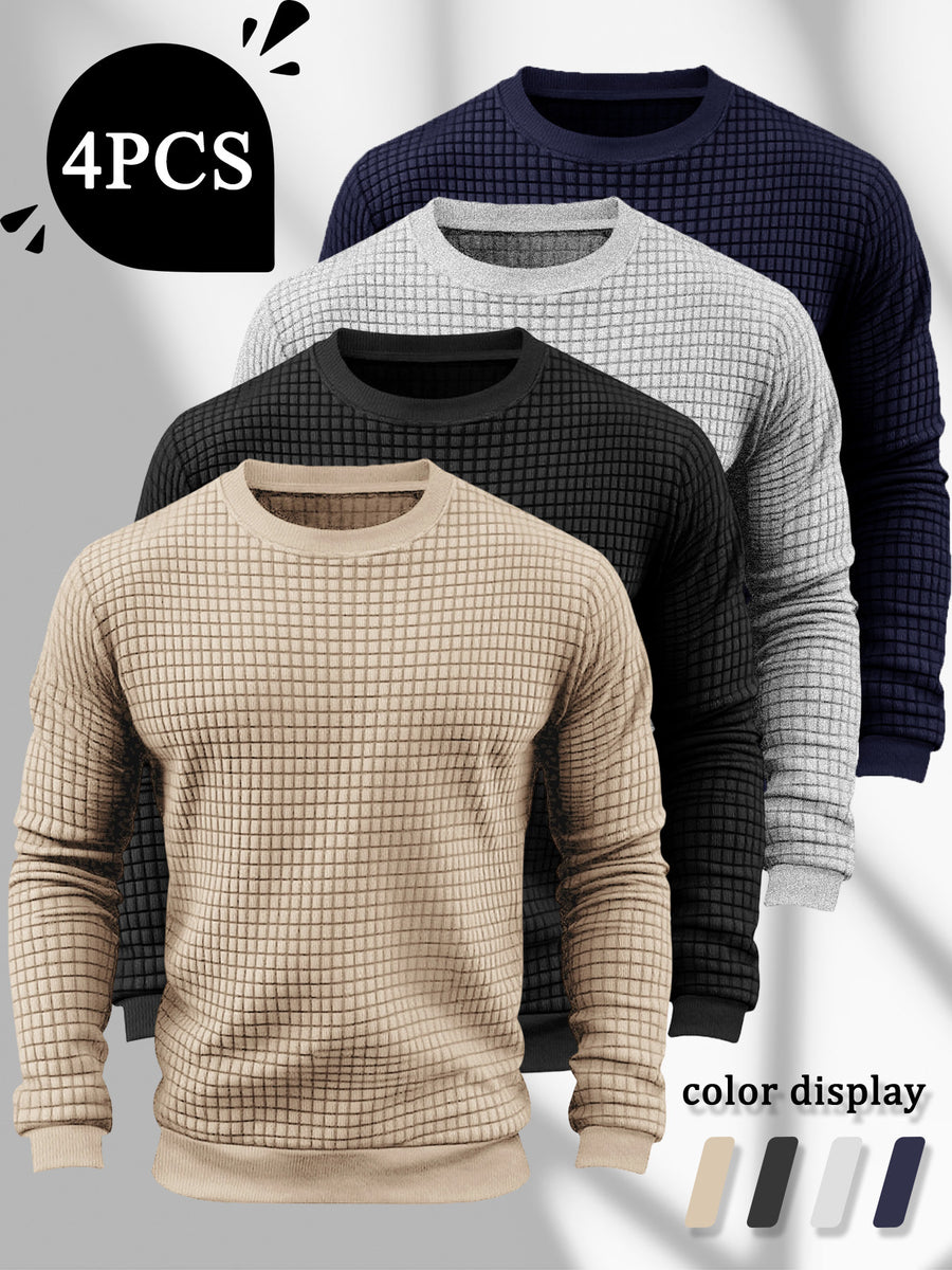 4pcs Men's Textured Sweatshirt, Fashionable Jacquard Texture Crew Neck Sweatshirt, Three-Dimensional Pineapple Check Pattern Solid Color Pullover, Spring and Autumn Warm Long-Sleeve Sweatshirt, Men's Fashionable Solid Color Simple Lightweight - Khaki + Black + Light Gray + Navy Blue