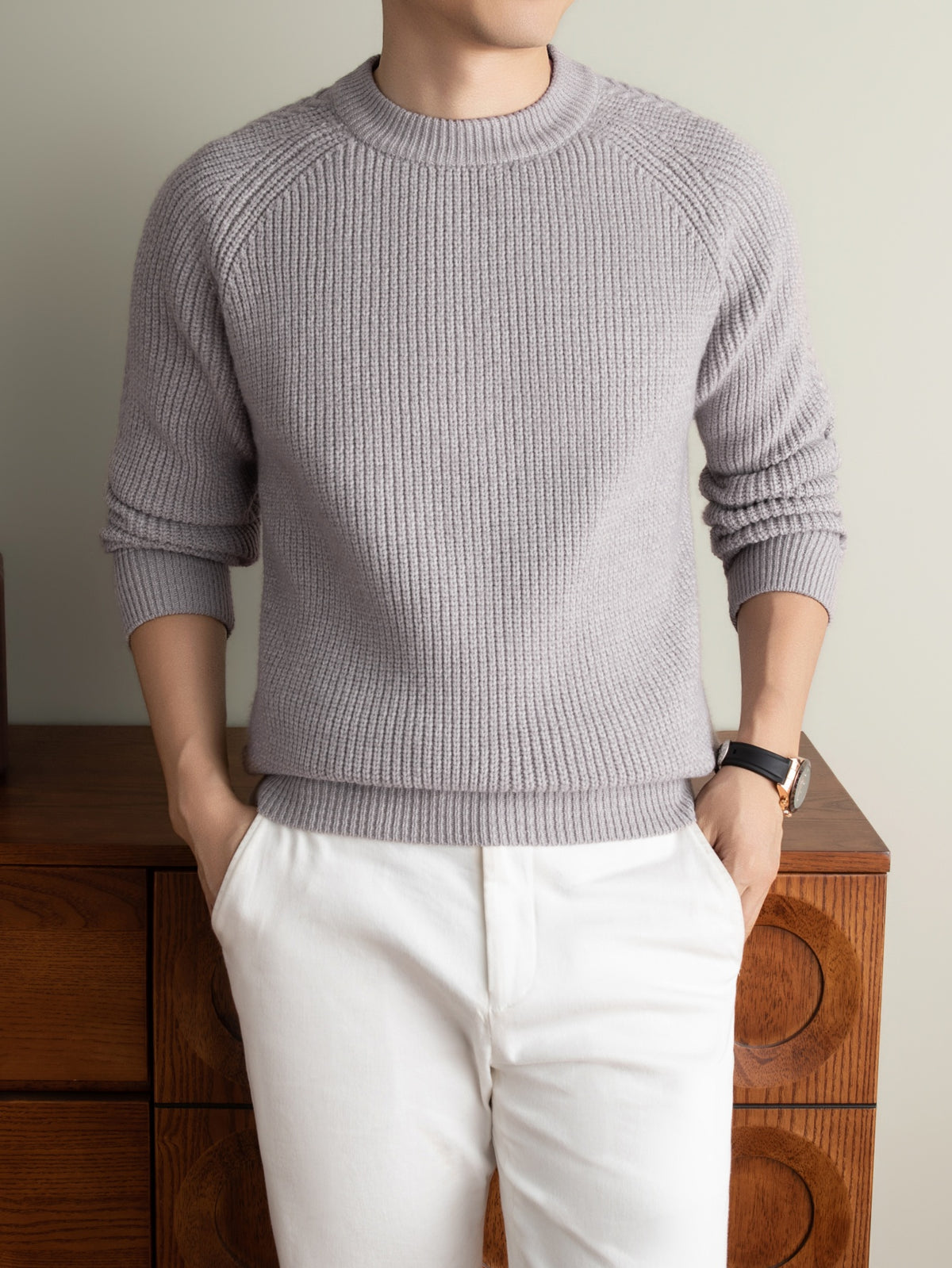 Winter New Round Neck Long Sleeve Thick Warm Men'S Sweater Off-Shoulder Style All-Match Casual Knit Top, Easy And Cool Base Layer Men'S Top, Comfortable And Breathable, Skin-Friendly Cold-Proof Pullover Clothing HF1193 - Light Purple
