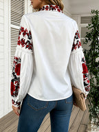 Spring Summer Fashion Elegant Floral Print V-Neck Lantern Sleeve Women'S Long Sleeve Shirt - Red