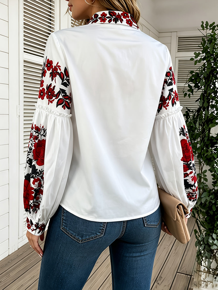 Spring Summer Fashion Elegant Floral Print V-Neck Lantern Sleeve Women'S Long Sleeve Shirt - Red