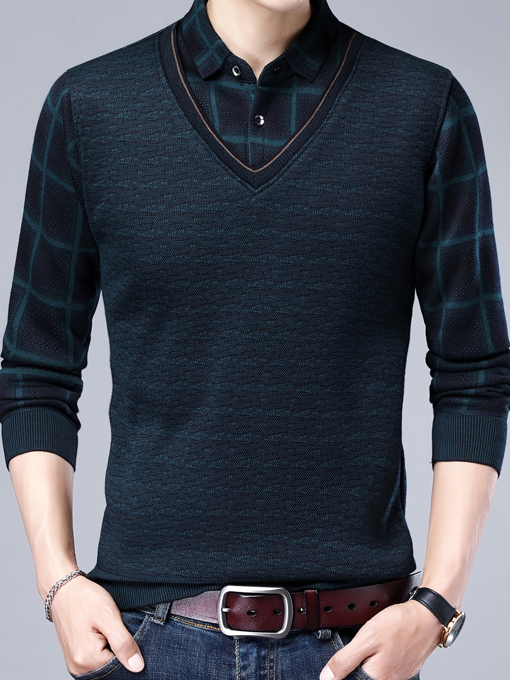 Spring/Autumn New Men's V-Neck Polo Shirt, Plaid Patchwork Long Sleeve, Business Casual 2-in-1 Look Pullover Base Layer Men's Apparel - Green