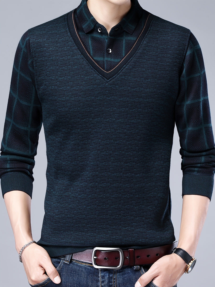 Spring/Autumn New Men's V-Neck Polo Shirt, Plaid Patchwork Long Sleeve, Business Casual 2-in-1 Look Pullover Base Layer Men's Apparel - Green