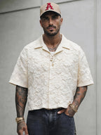 Men'S Fashion New Three-Dimensional Floral Jacquard Fabric Shirt, Full Texture with Rich Layers, Breathable And Light, Not Stuffy. Classic Cuban Collar Design, Summer Lazy And Casual Yet Refined, Daily Commute - Apricot