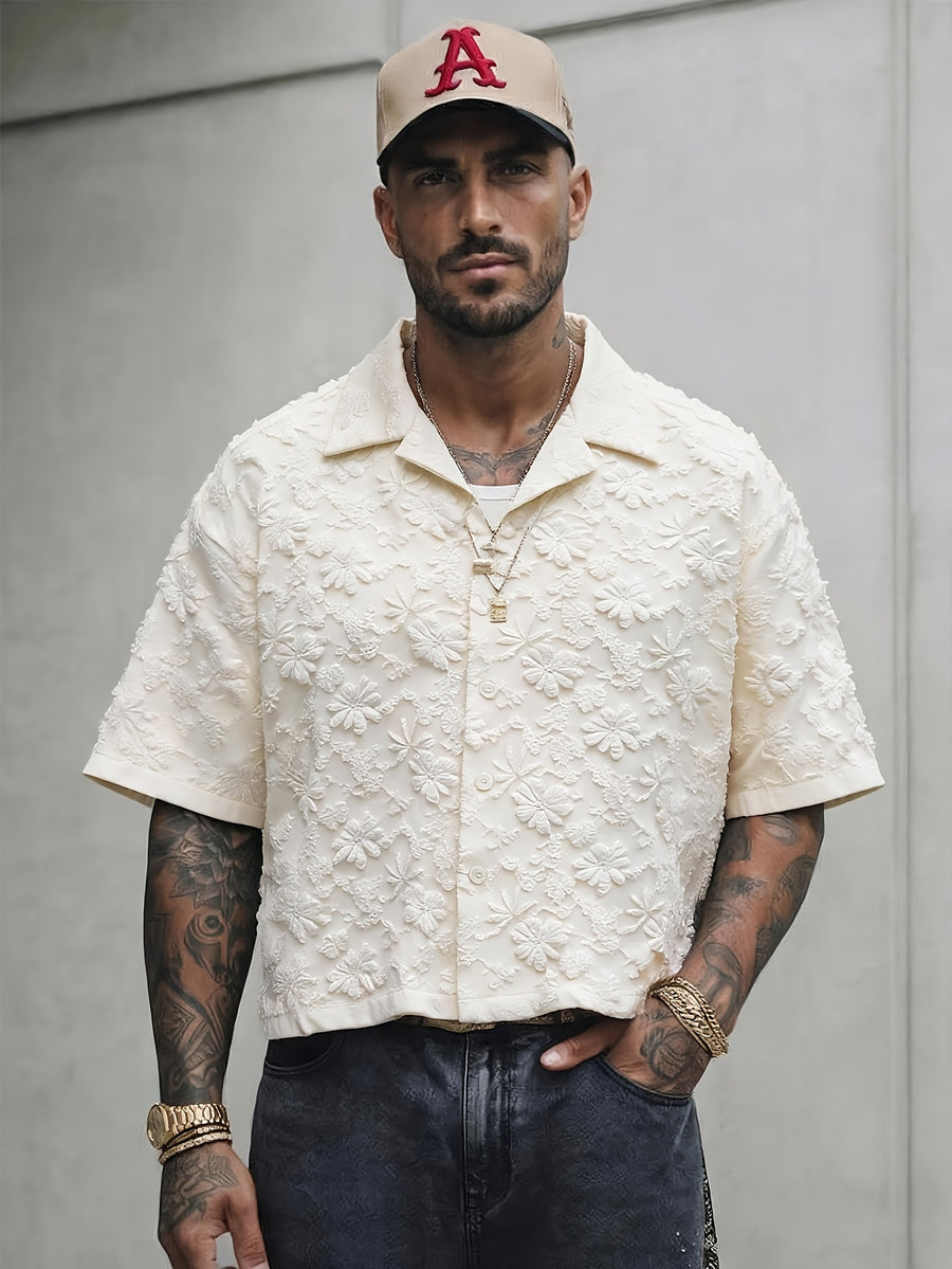 Men'S Fashion New Three-Dimensional Floral Jacquard Fabric Shirt, Full Texture with Rich Layers, Breathable And Light, Not Stuffy. Classic Cuban Collar Design, Summer Lazy And Casual Yet Refined, Daily Commute - Apricot