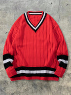 Autumn/Winter Men's New Casual Loose-Fit Simple Two-Tone Twisted Rope Pattern College Style Vintage American Streetwear V-Neck Fabric Long-Sleeve Pullover Top - Red