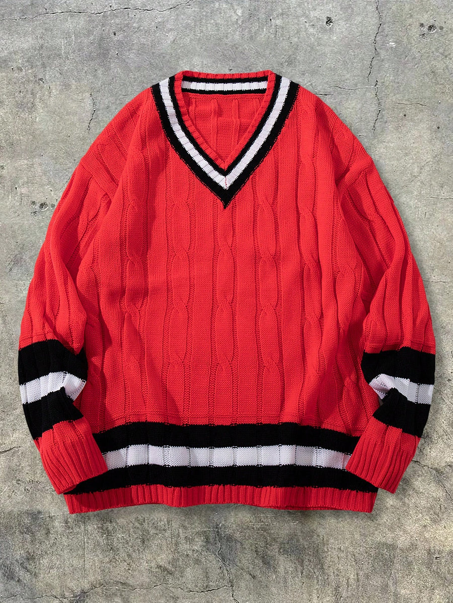 Autumn/Winter Men's New Casual Loose-Fit Simple Two-Tone Twisted Rope Pattern College Style Vintage American Streetwear V-Neck Fabric Long-Sleeve Pullover Top - Red