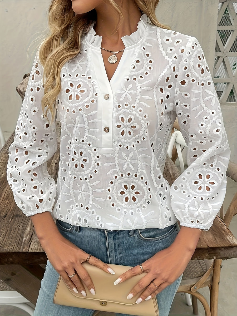 Elegant Women'S V-Neck Blouse with Ruffle Trim & Button Embroidery - Long Sleeve, Eyelet Lace Design, Solid White, Perfect for Spring/Fall, Ladies Blouses - White