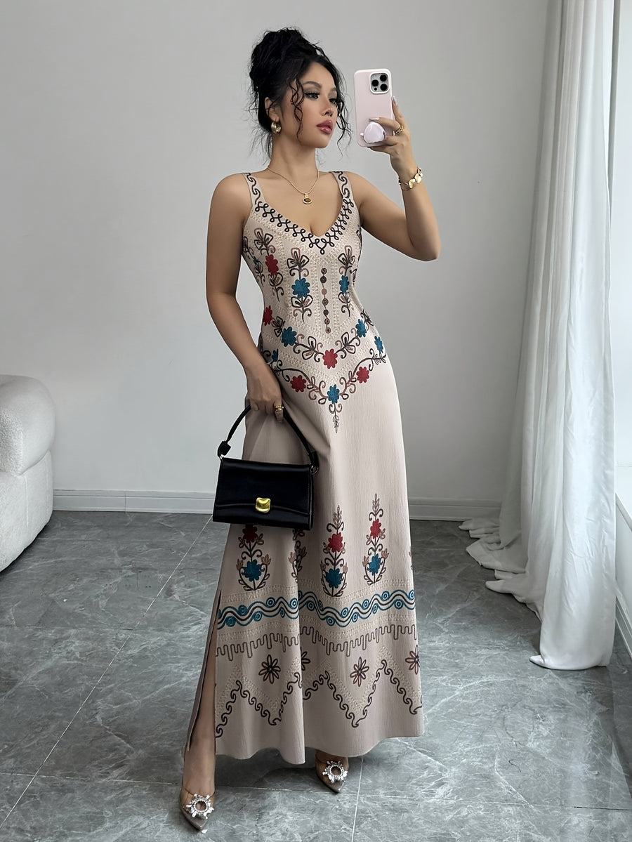 Women'S V-Neck Spaghetti Strap Floral Print Tie-Waist A-Line Dress, Spring/Summer Style - Multicolor
