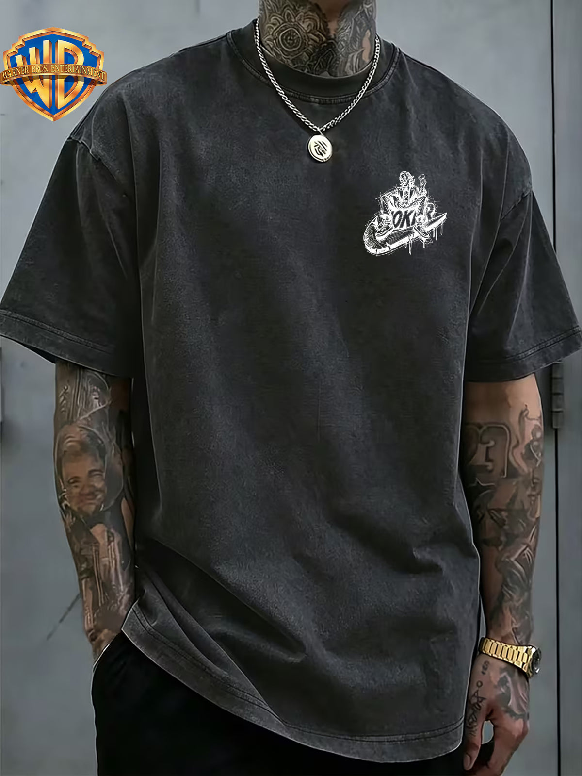 Warner Bros Official JOKER Ink Splatter Print Washed T-Shirt, Men's 100% Pure Cotton Fabric, Casual and Comfortable Style, Loose Fit Breathable Short Sleeve Men's Casual Top, Distressed Washed Loose Fit - Black