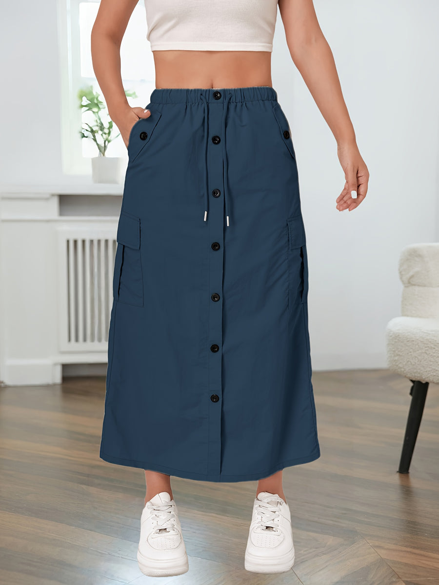 American-style Quick-Dry Women's Multi-Pocket Workwear Skirt with Button Placket, Casual High-Waist Commuter Midi Skirt - Navy Color
