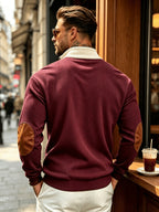 2026 New Men'S Color-Block Corduroy Sweatshirt - Casual Stand Collar, Long Sleeve with Ribbed Cuffs And Hem, Button Detail, Machine Washable - Elegant Two-Tone Patchwork for Fall, Autumn Fashion | Color-Block Design | Stretchable Fabric - Burgundy