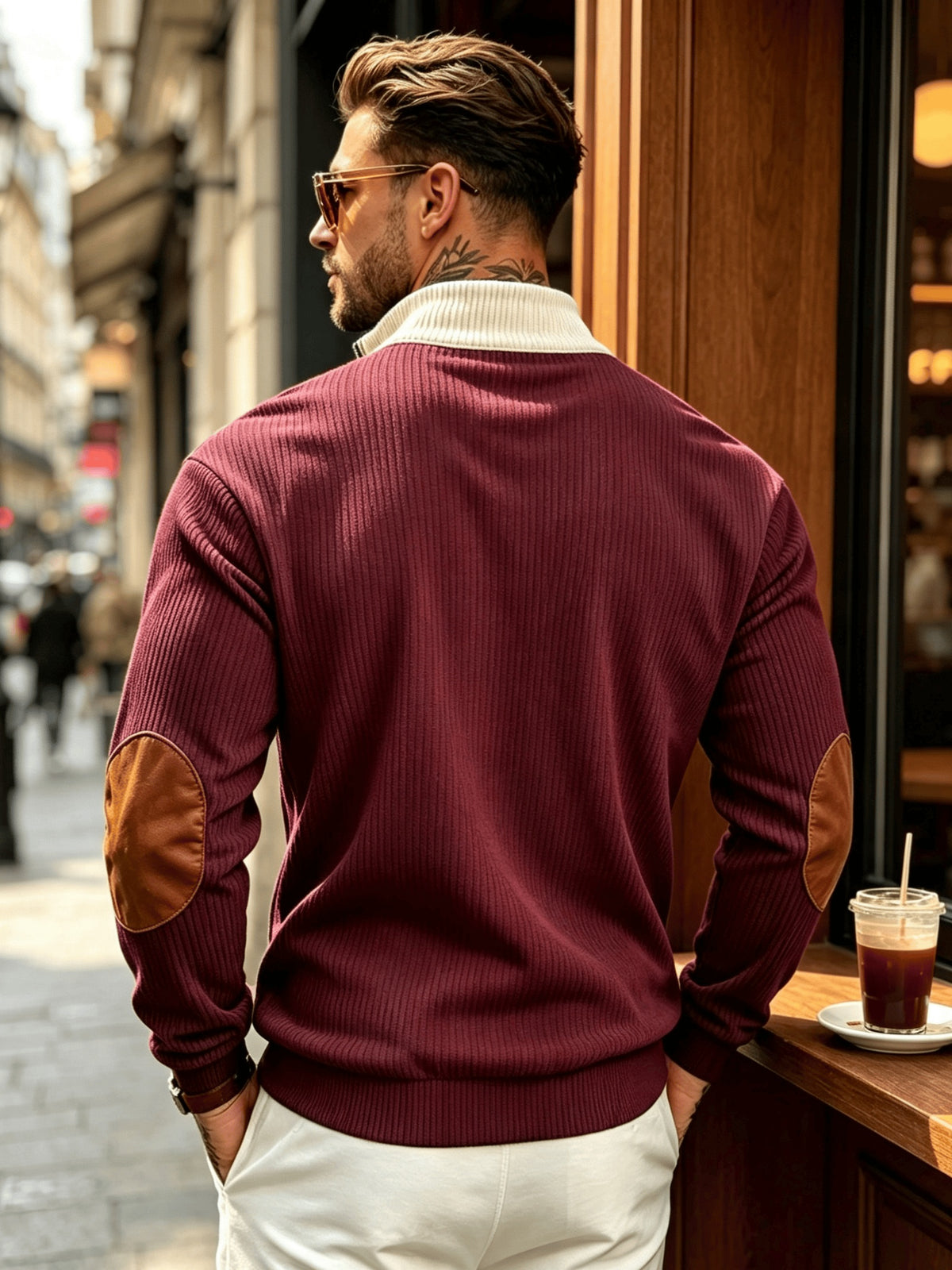 2026 New Men'S Color-Block Corduroy Sweatshirt - Casual Stand Collar, Long Sleeve with Ribbed Cuffs And Hem, Button Detail, Machine Washable - Elegant Two-Tone Patchwork for Fall, Autumn Fashion | Color-Block Design | Stretchable Fabric - Burgundy