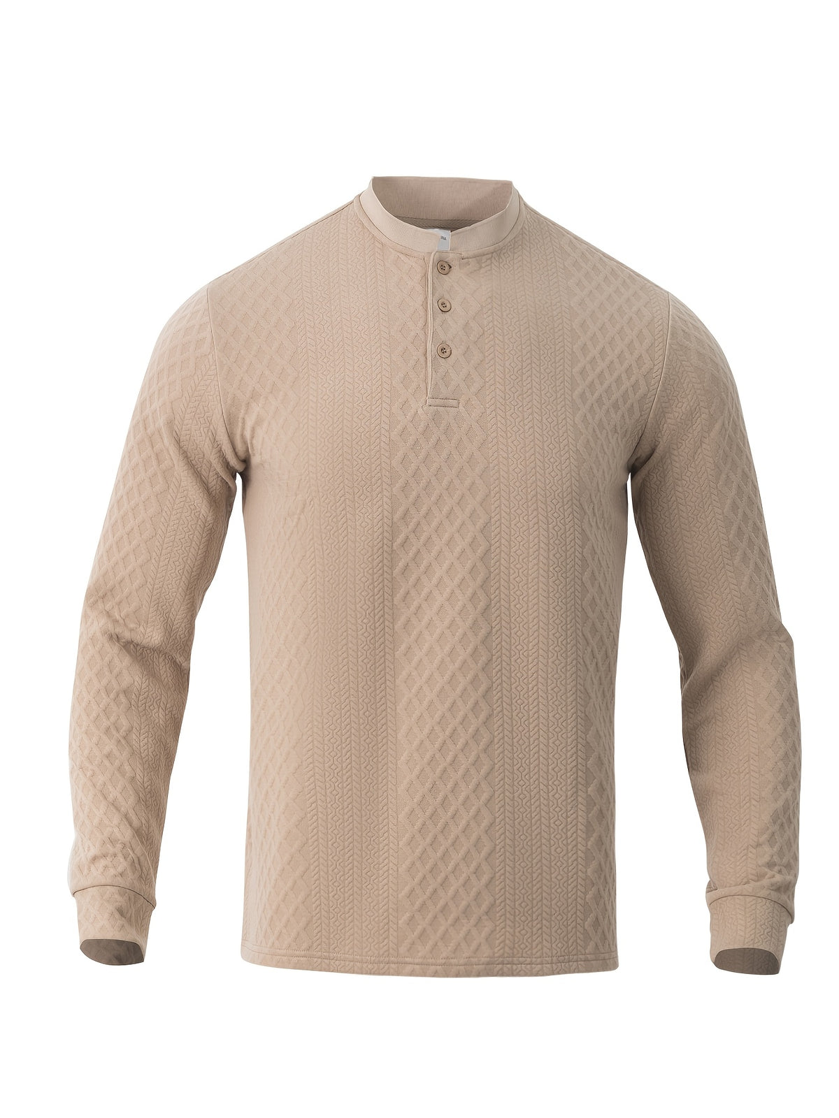 1pc Men'S Fashion Casual Long Sleeve Thick Knit Sweater | Premium Solid Jacquard Soft Fabric | Stand Collar with 3-Button Design | Essential Casual Streetwear for Warmth | Breathable And Warm | Indoor Gatherings And Outdoor Activities | Suitable for - Khaki