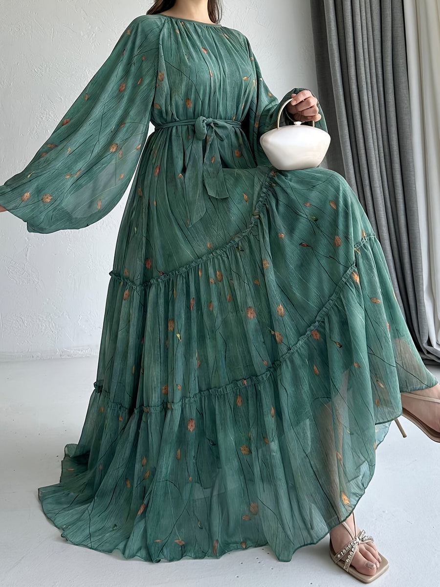 Women's Middle Eastern Muslim Chiffon Print Dress - Dark Cyan