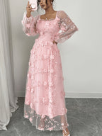 Elegant Mesh 3D Floral Dress, Fairy Style Square Neck Long Sleeve Maxi Dress, Date Afternoon Tea Gentle Style Dress - Pink
