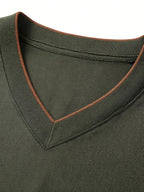 Men'S Summer Short-Sleeved T-Shirt, V-Neck Color-Blocking Details, a Slightly Slim Fit That Conforms to The Body, Showing Neat Lines Without Being Tight, Suitable for Daily Leisure/Weekend Travel Scenarios, And Light Social Scenarios - Olive Green