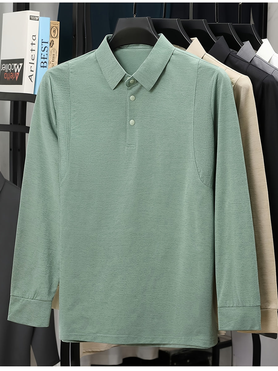 Men'S Lapel Long Sleeve Polo Shirt, Shoulder Mesh Texture Patchwork, Solid Color Minimalist Clean Cut Top, Office Commute, Outing Fishing, Home Casual Loose Men'S Long Sleeve T-Shirt - Green