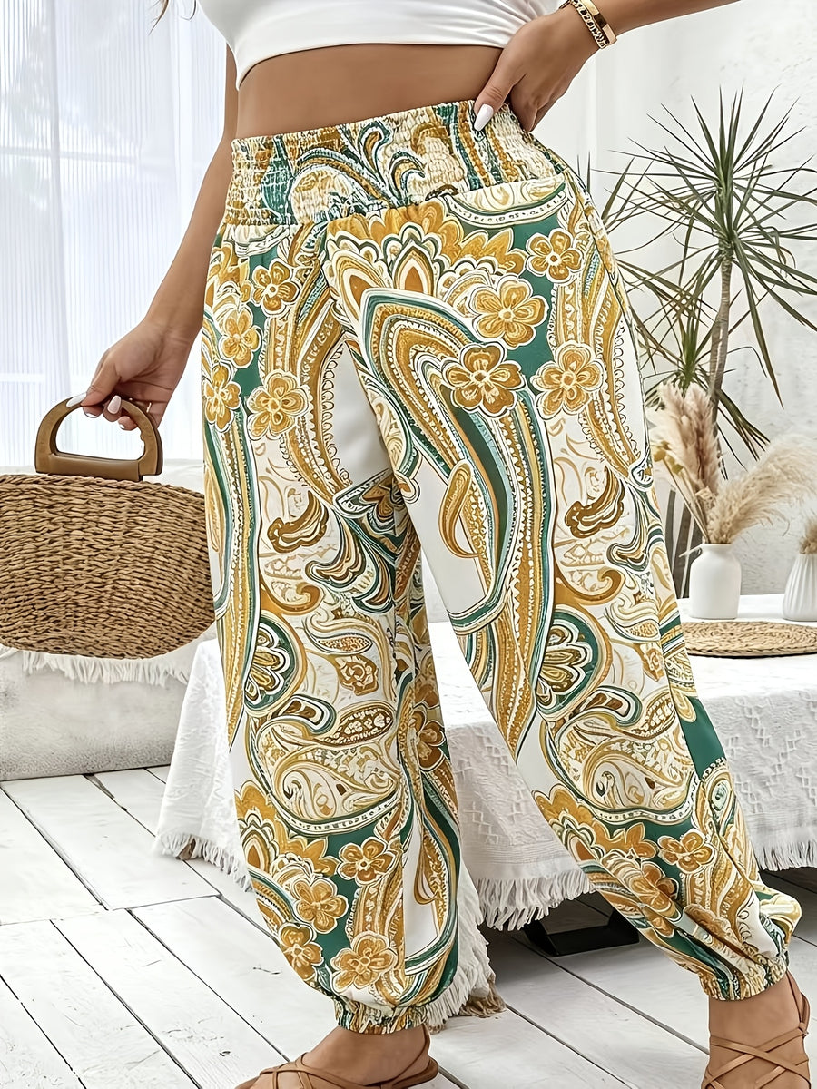 Vacation Full Body Printed High-Waist Elastic Waist Fashion Long Pants - Suit 9