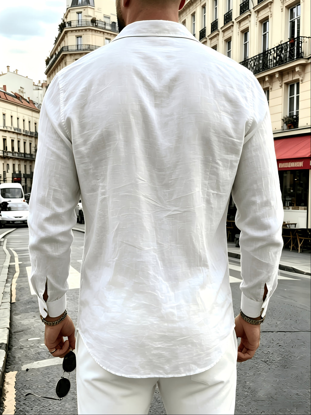 Men'S Linen Blend Long Sleeve Collared Button-Up Shirt, Casual Textured Wrinkle-Resistant Summer Top, Single Pocket Design with Adjustable Cuffs, Loose Fit Lightweight Breathable Beach Linen Shirt, V-Neck Relaxed Casual Shirt, Suitable for Vacation - White