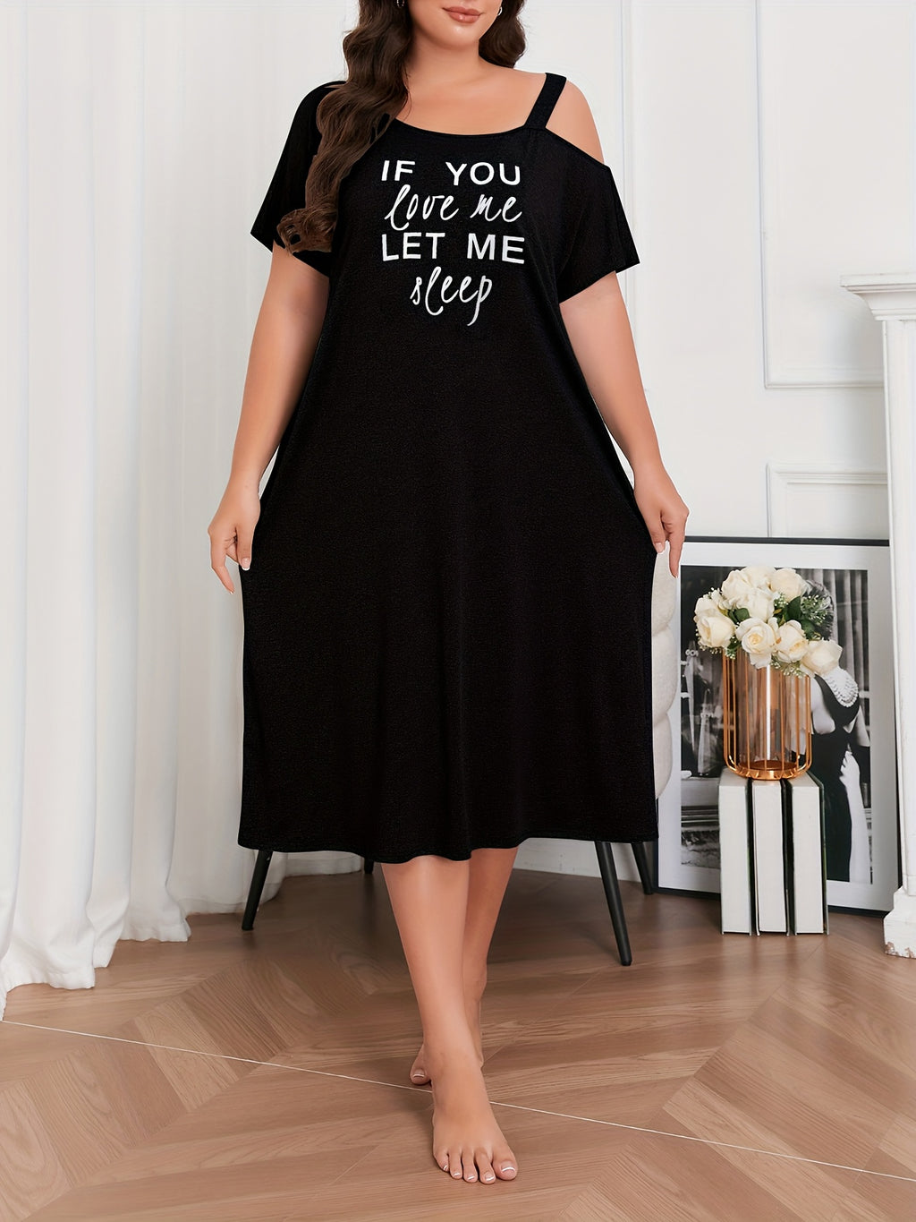 Drop-Shoulder Style Letter Print Long Dress, Plus Size Pajamas, Home Wear - Black