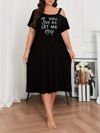 Drop-Shoulder Style Letter Print Long Dress, Plus Size Pajamas, Home Wear - Black