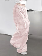Wide-Leg Cargo Pants for Men and Women, Loose Retro Casual Paper Bag Trousers - Pink Color