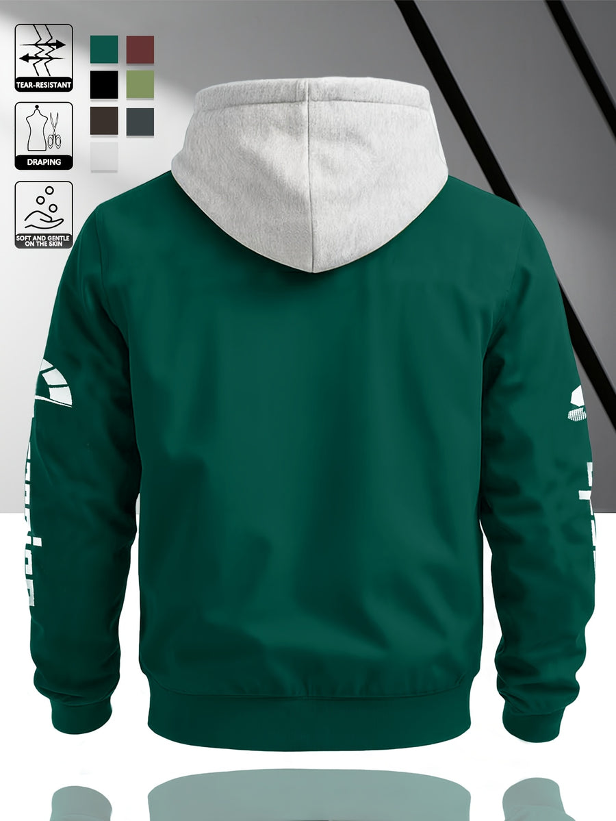 Fashion Casual Men'S Contrast Color Hooded Cardigan Long Sleeve Jacket, Letter Print, Comfortable And Versatile, Suitable for Autumn Winter JK5682, Sporty, Breathable, Regular Fit, Daily - Green