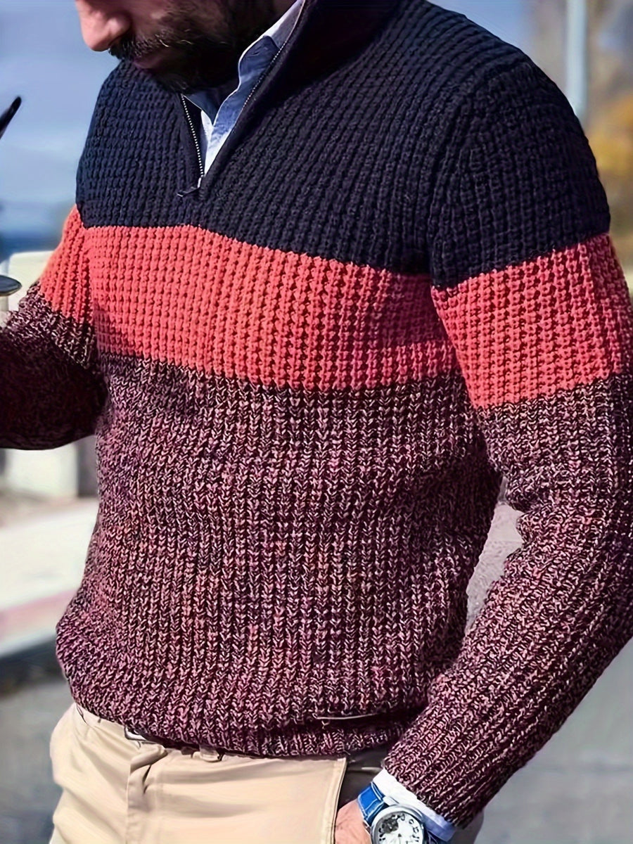 Holiday Pre-Heat 1-Piece Men's Lapel Color-Block Sweater Pullover Half-Zip Warm Casual Party Knitwear for Autumn/Winter Regular Streetwear - Orange-Red