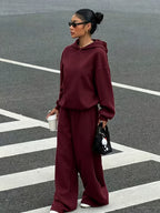 2026 Sporty Solid Color Hooded Sweatshirt Set for Women, Loose Drop-Shoulder Casual Wide-Leg Pants 2pcs Set - Burgundy
