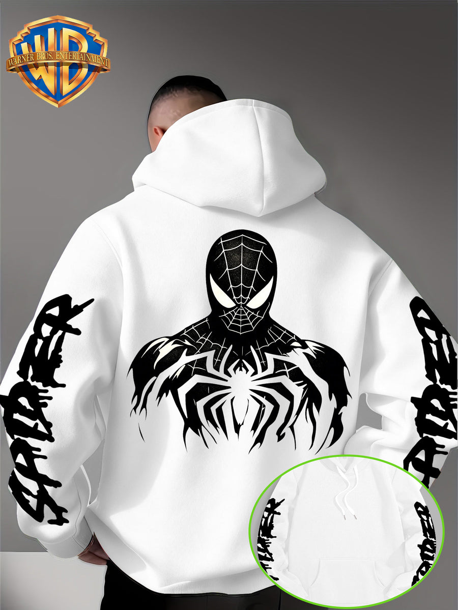 Warner Bros Official Halloween Gift Selection: Classic Spider Print Trendy Sweatshirt for Men, a Stylish and Versatile Hoodie, Comfortable -Lined Warm Autumn/Winter Apparel, Ideal for Sports, Outdoor Outings, Travel, Daily Commuting, and Home Use. - White