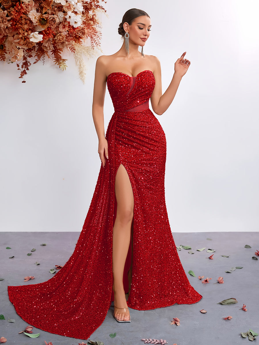 Sequined Sweetheart Neckline Mesh Panel High-Waist Long Scarf-Tie Slit Ball Gown Party Evening Dress - Red