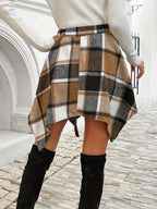Women's Elegant Plaid Asymmetrical Hem Skirt - Beige/Brown/Black/White Grid Pattern, Machine Washable All-Season Versatile Office to Casual Wear, Stylish Streetwear, Charming Pocket Design - Coffee Brown