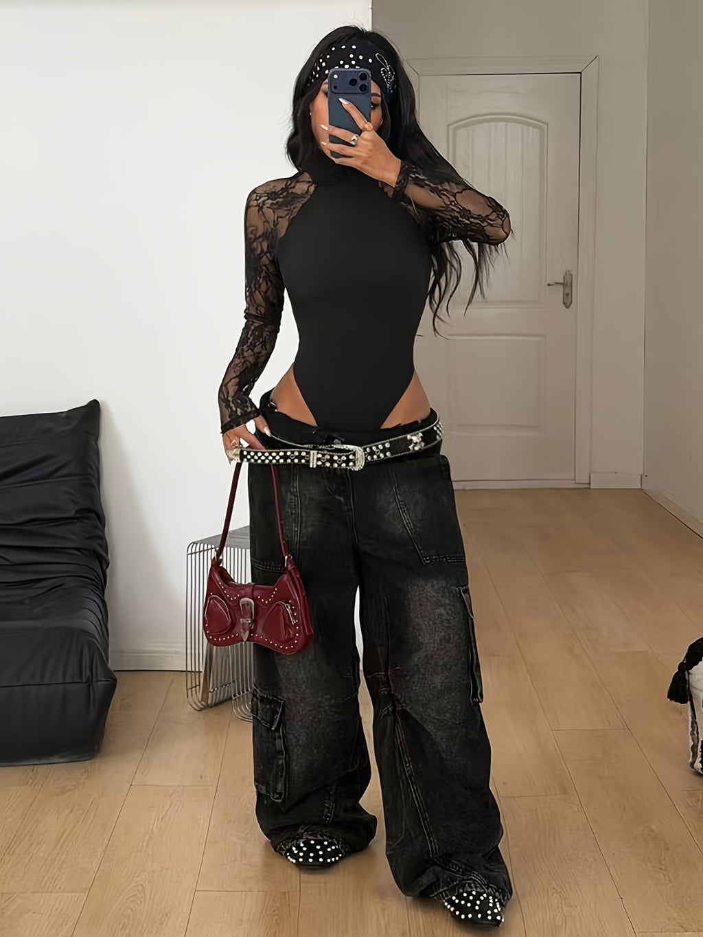 Trendy Women'S Spring And Summer Street Style Y2K, Party Music Festival Tech-Inspired Outfit, Breathable Lace Stretchy Black Jumpsuit[Zllz] - Black