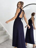Women's Brown Polka Dot Round Neck Sleeveless Backless Cut-Out Tie-Up Slim Fit Elegant Vintage Sexy Dress - Blue