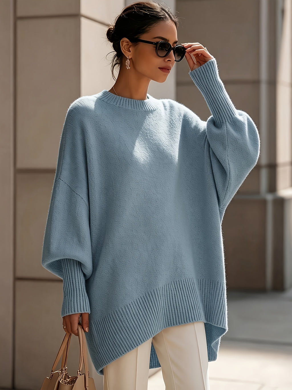 French-style Relaxed Silhouette Top, Irregular Slanted Hem Loose Lantern Sleeve Sweater, Gentle and Elegant Loose Fit That Is, Urban Casual Style - Sky Blue