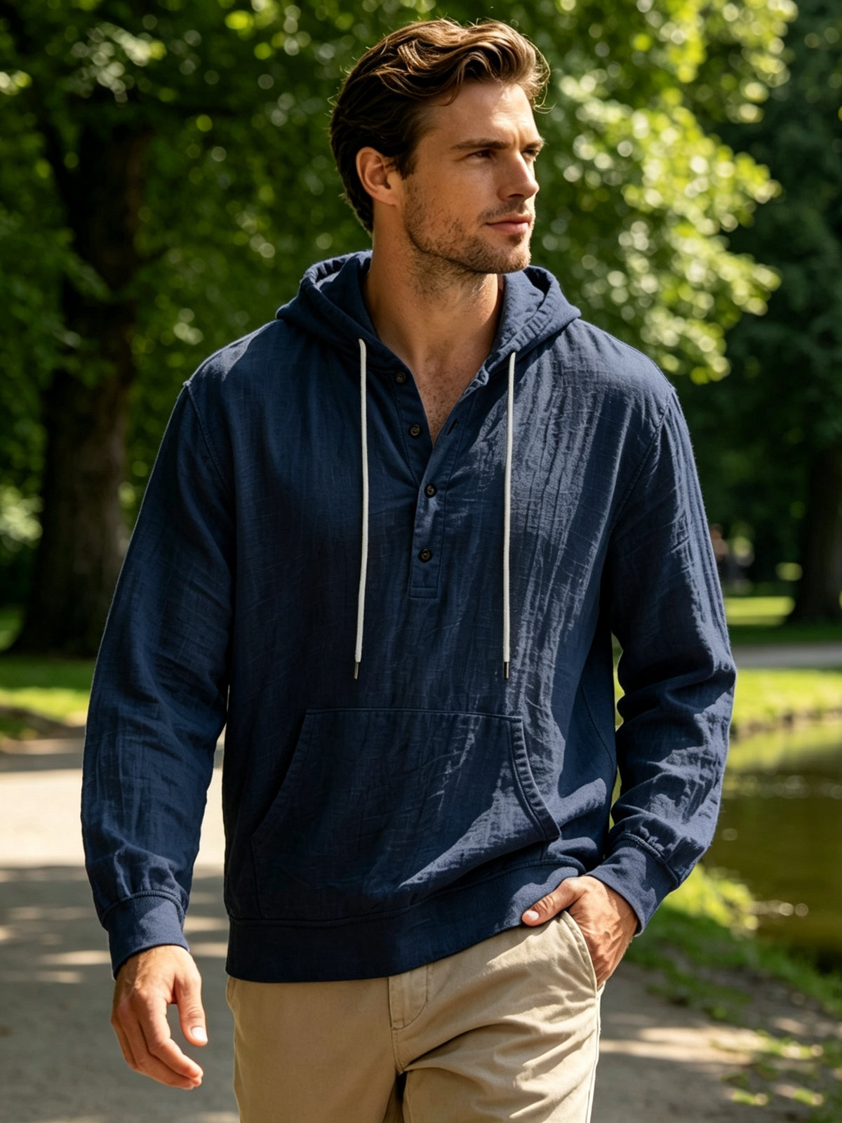Spring And Autumn Men'S Casual Hooded Shirt, Long Sleeve Shirt, Solid Color Minimalist, Trendy And Versatile, Lightweight And Breathable, Suitable for Beach Vacation, Travel, And Daily Wear - Navy Color
