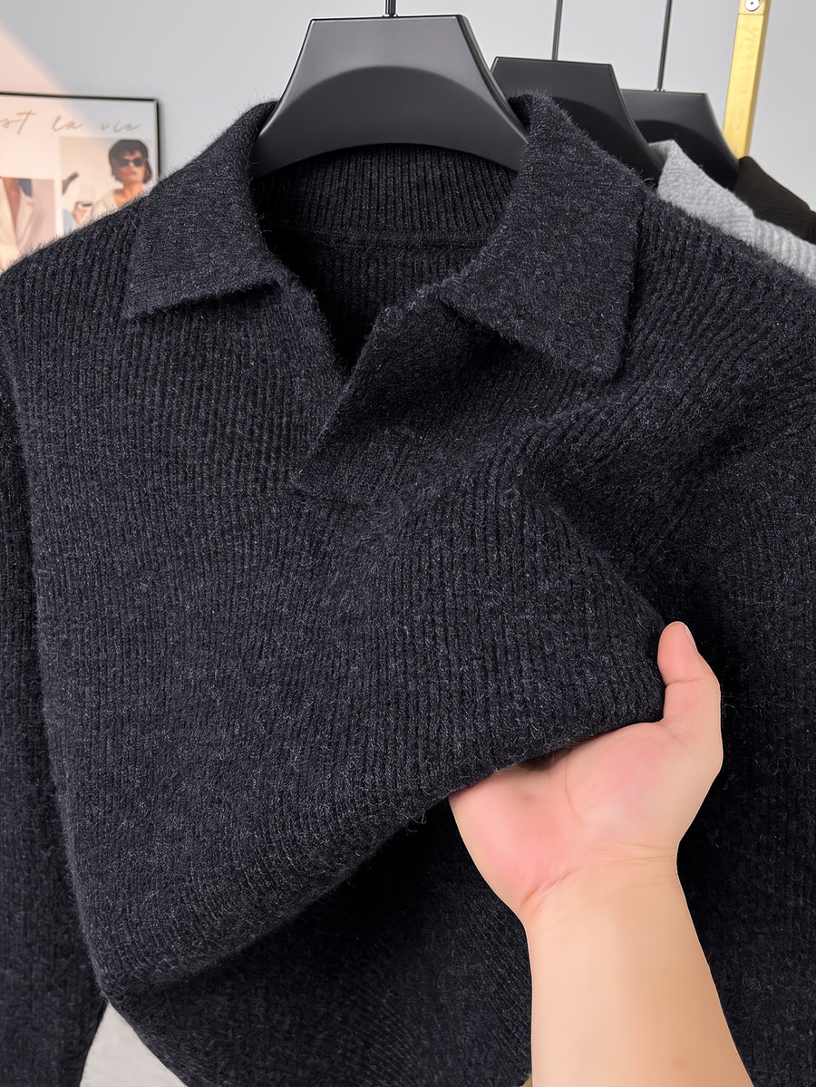 Men'S Polo Neck Knit Sweater Autumn Winter Thick Ribbed Placket Pullover Casual Solid Color Knit Top - Dark Gray