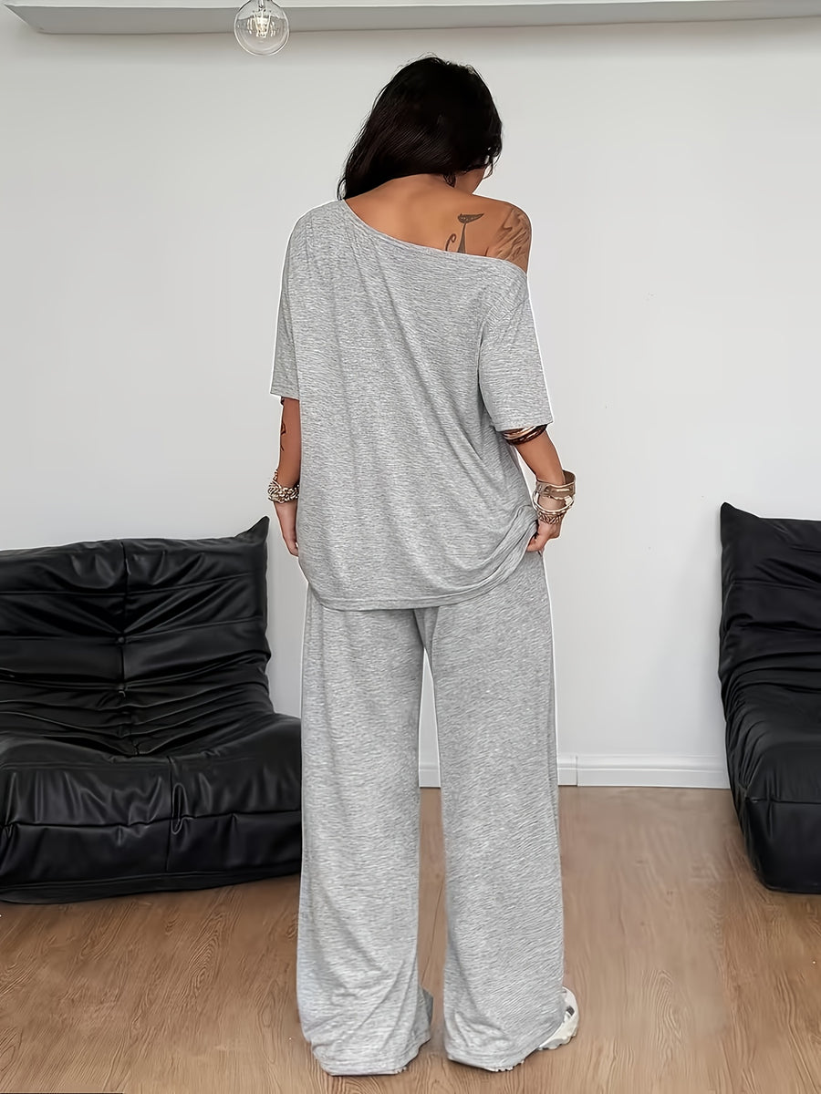 Women'S Loose Off-Shoulder Solid Color Top And Straight Leg Pants Athletic Casual Set - Light Grey