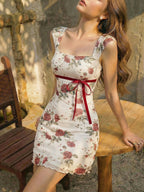 Square Neck Dress, Summer Pure Desire Style Bow Waist Cinching Short Bodycon Skirt, Sweet Style Printed Dress, Summer Date Ribbon Bow Waist Cinching Mesh Mini Skirt, Suitable for Birthday Parties, Weekend Parties, and Vacation Outings - Mixed colors