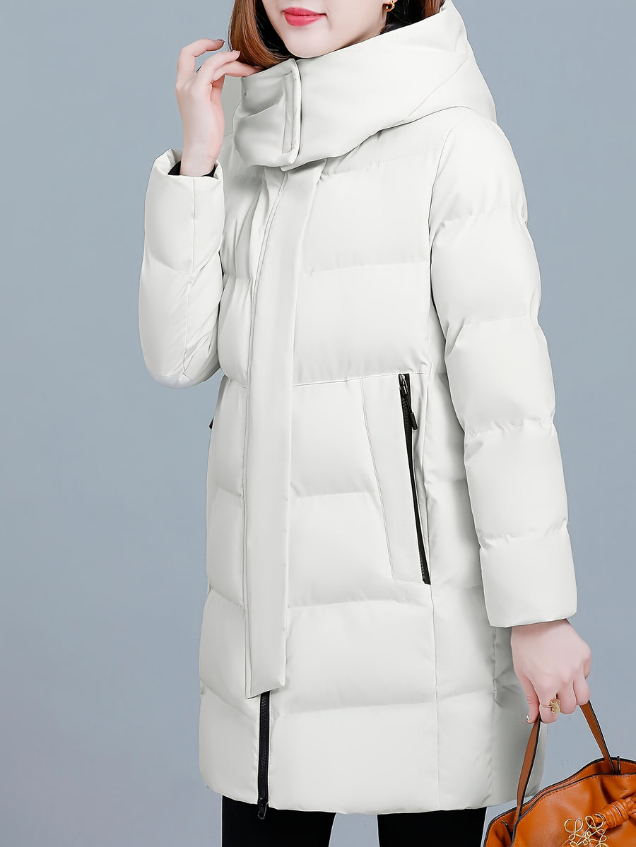 Women's Hooded Mid-Length Padded Coat with Black Contrast Lining, Zipper and Snap Button Double Front Placket, Plus Size Loose Fit, Checkered Overlock Stitching with Anti-Slip Padding, Drawstring Adjustable Hem, Zippered Side Pockets - White