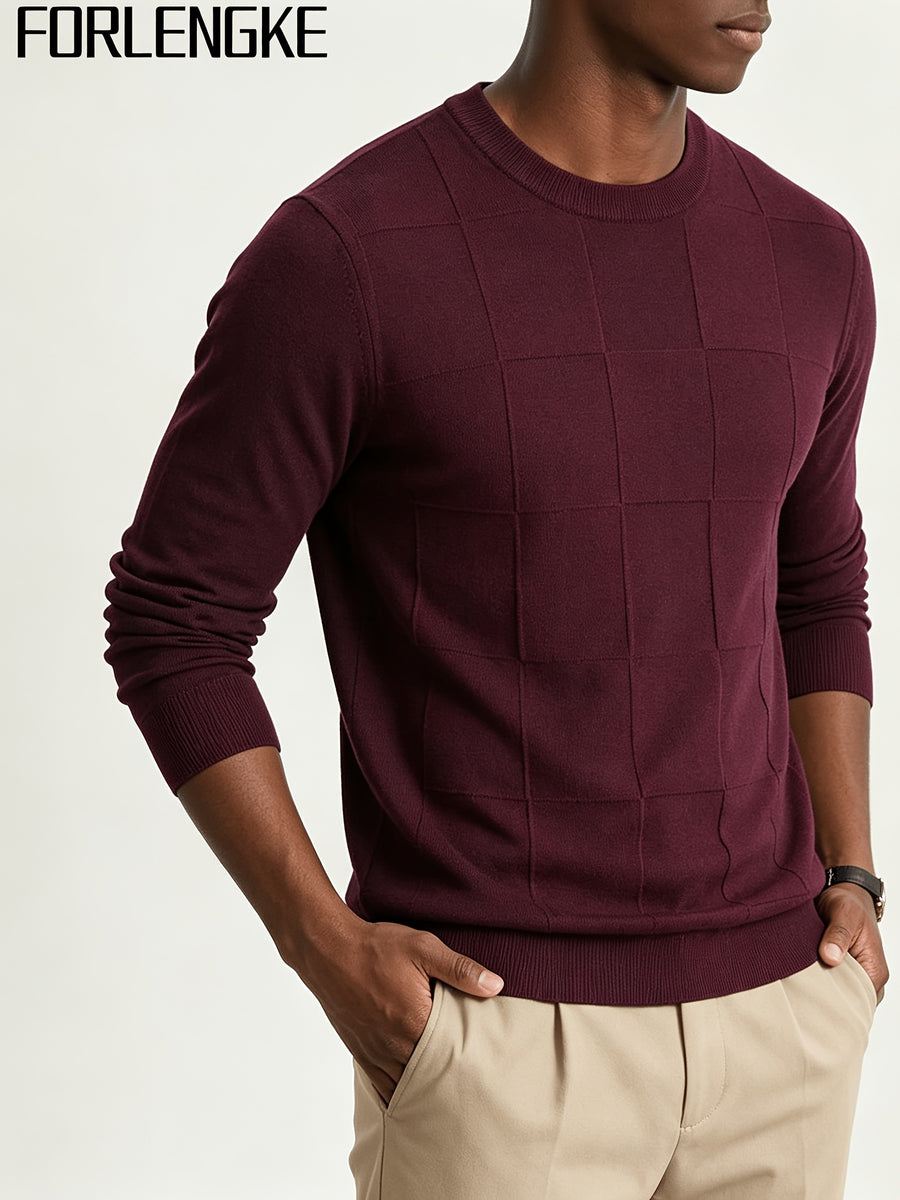 FORLENGKE Men's Casual Commuter-style Checkered Knit Sweater with Checkered Jacquard, Soft and Breathable Knit Fabric, Classic Crew Neck Long-sleeve Pullover Style, Suitable for Various Outfit Occasions, Autumn and Winter Daily Casual Men's Top - Deep Red