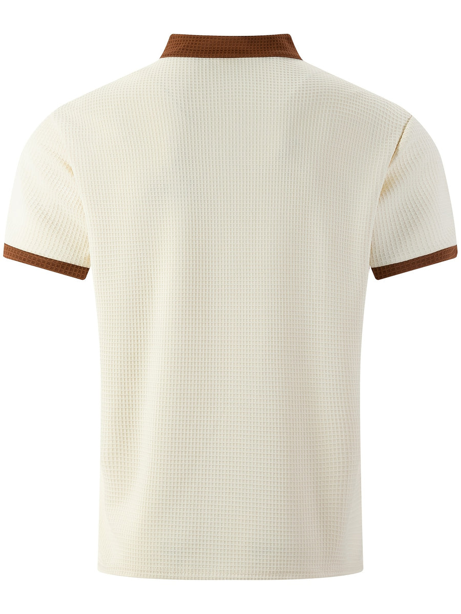 Men'S Short-Sleeve Plaid Knit Henley Shirt with Contrasting Brown Trim, Featuring a Stand Collar Design, Casual Button-Up Front, Breathable Vintage Street Style Clothing - Khaki