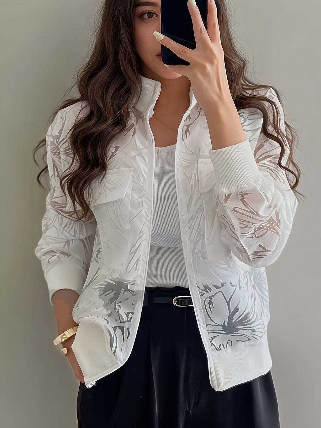 Women's Casual Mesh Cut-Out Utility Pocket Decorated Zipper Baseball Jacket for Spring, Summer, and Autumn - White