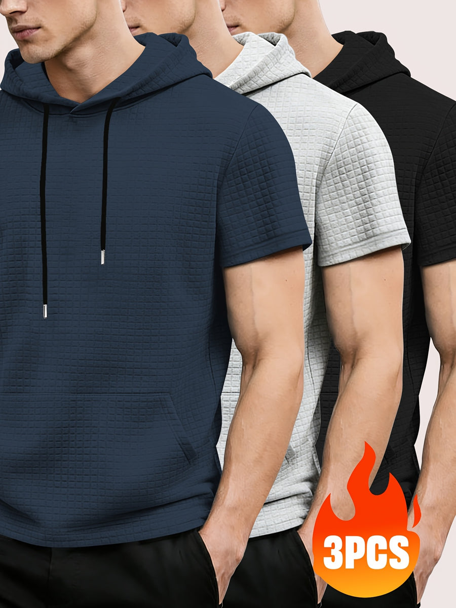 3pcs Men's Waffle Knit Short Sleeve Hoodie with Kangaroo Pocket, Soft and Breathable Fabric, Multiple Color Options, Versatile for Daily Wear, Simple and Stylish Casual Sportswear, Suitable as Matching Family Outfits, Great Choice for Gifts - Navy Blue + Gray + Black