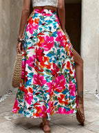 Printed Waist-cinching Front Slit Casual Women's Long Skirt - Rose Red