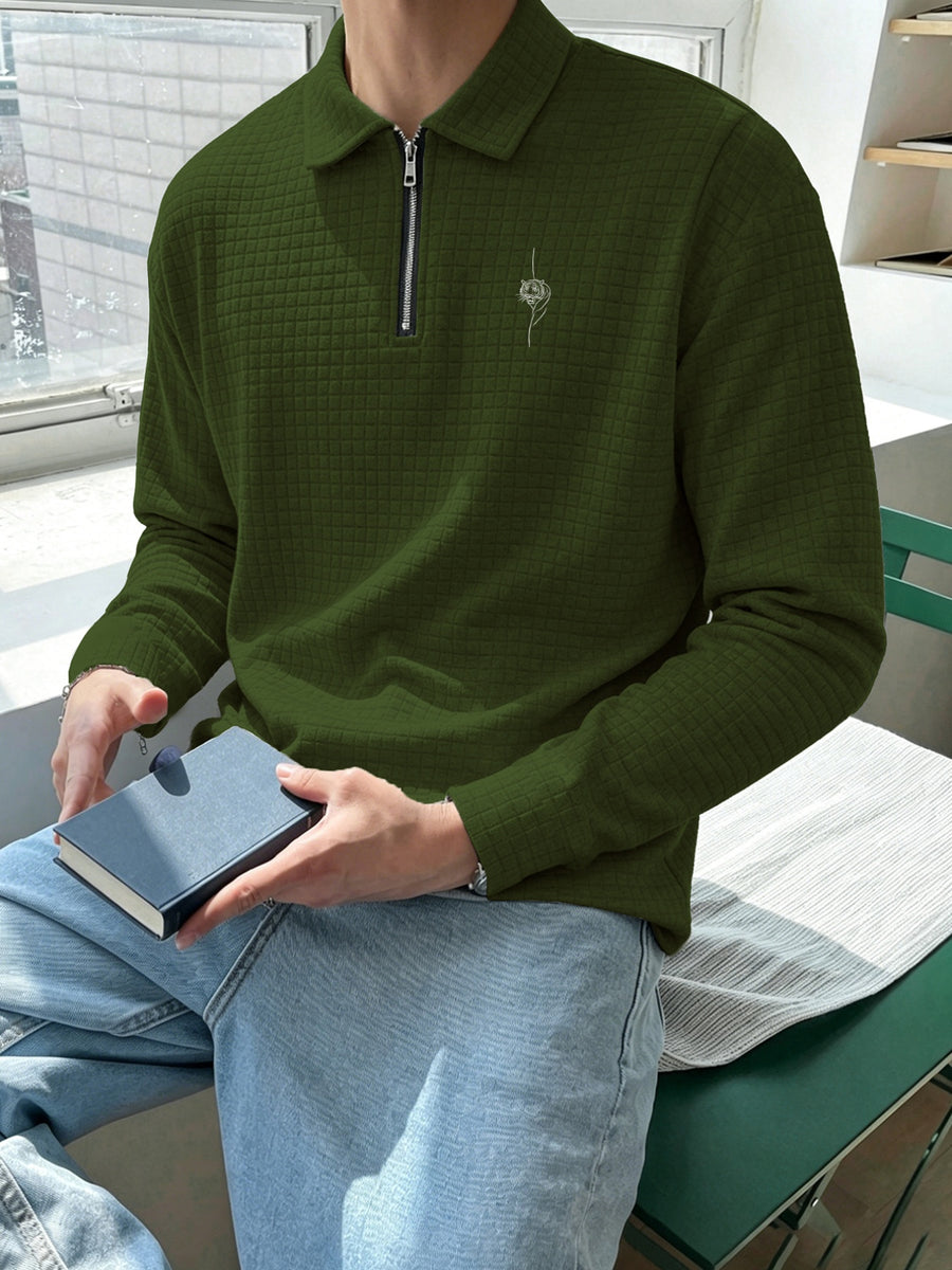National Charm Tiger Head Line Art Print Floral Waffle Knit Half-Zip Polo Long Sleeve Men's Casual Top, Featuring a Simple and Premium Texture That Complements All Dressing Styles. Easily Create a Minimalist Look, Whether for Daily Commutes - fern green